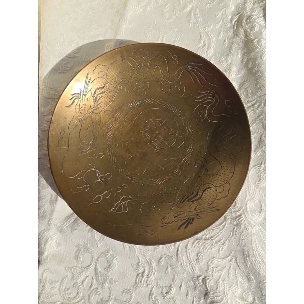 Vintage Brass Carved Etched Dragon 10" Brass Decorative Bowl